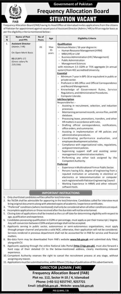 Frequency Allocation Board (FAB) Islamabad Pakistan