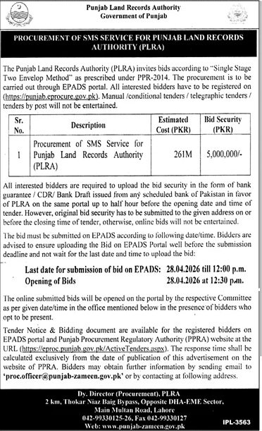 Punjab Land Record Authority (PLRA) Lahore Pakistan