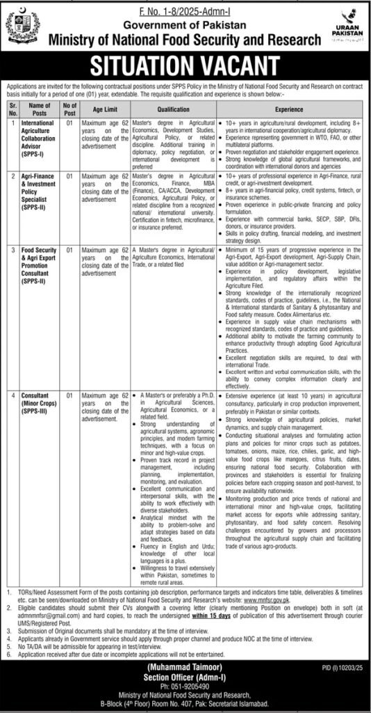 Ministry of National Food Security & Research Islamabad Pakistan