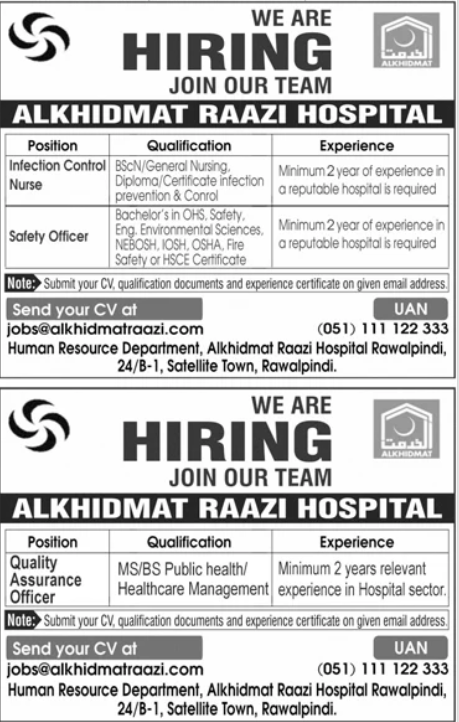 AlKhidmat Raazi Hospital Rawalpindi Pakistan
latest jobs in pindi